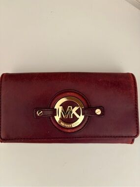 Michael Kors Maroon Leather Wallet with Gold MK Emblem